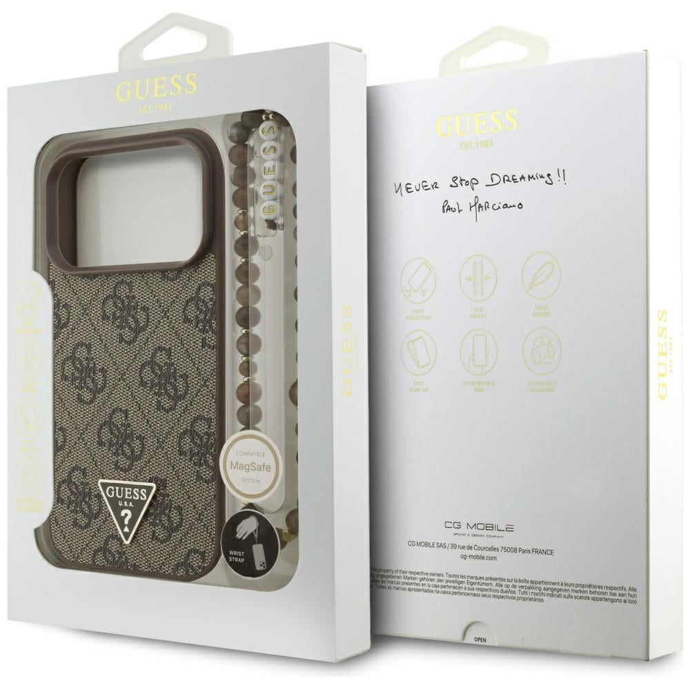 Étui MagSafe pour Apple iPhone 17 Pro, Guess, logo Triangle 4G avec lanière de perles, Marron