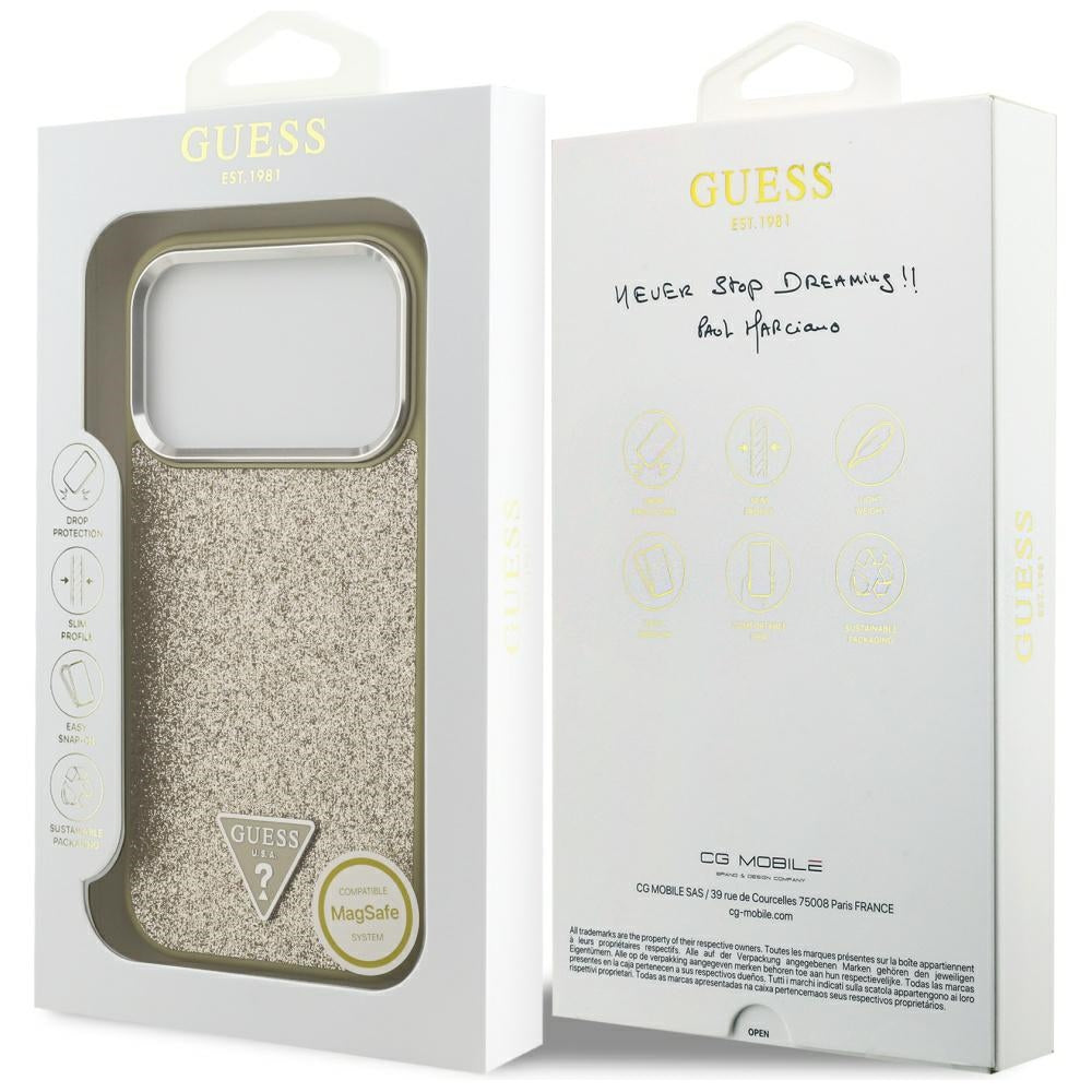 MagSafe hoesje voor Apple iPhone 17 Pro, Guess, Glitter Triangle Logo, Goud