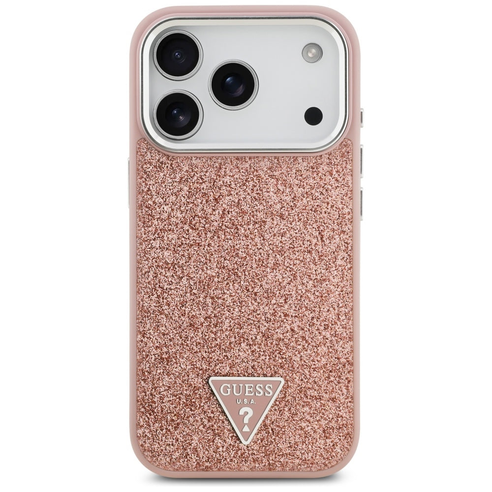 Étui MagSafe pour Apple iPhone 17 Pro, Guess, Logo Triangle Pailleté, Rose