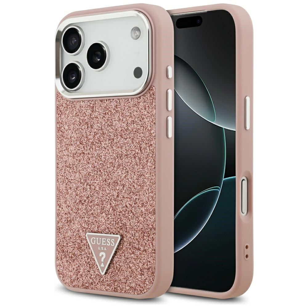 Étui MagSafe pour Apple iPhone 17 Pro, Guess, Logo Triangle Pailleté, Rose