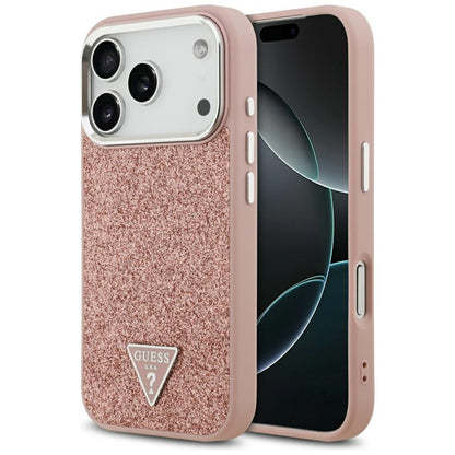 Étui MagSafe pour Apple iPhone 17 Pro, Guess, Logo Triangle Pailleté, Rose