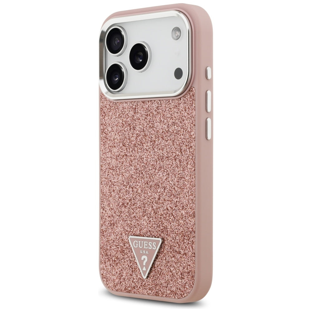 Étui MagSafe pour Apple iPhone 17 Pro, Guess, Logo Triangle Pailleté, Rose