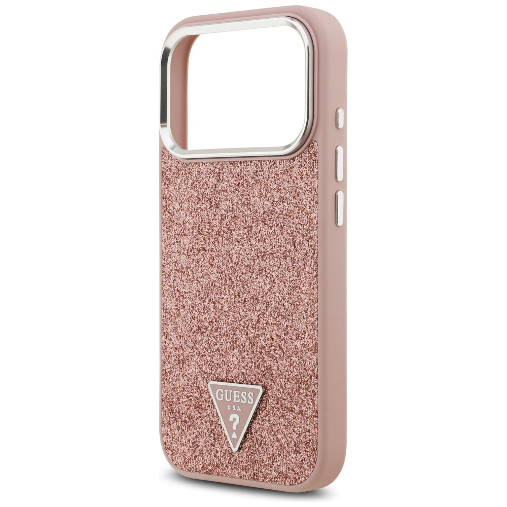 Étui MagSafe pour Apple iPhone 17 Pro, Guess, Logo Triangle Pailleté, Rose