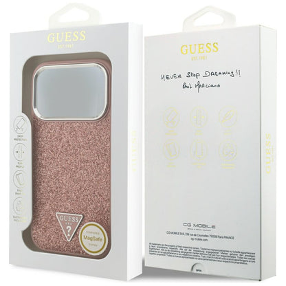 Étui MagSafe pour Apple iPhone 17 Pro, Guess, Logo Triangle Pailleté, Rose