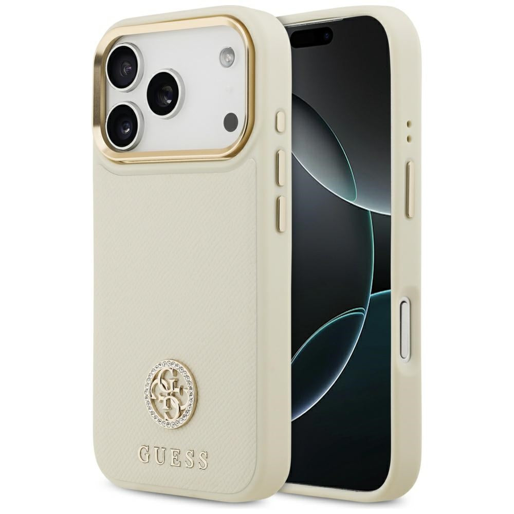 Étui MagSafe pour Apple iPhone 17 Pro, Guess, Logo Strass Grainé, Beige