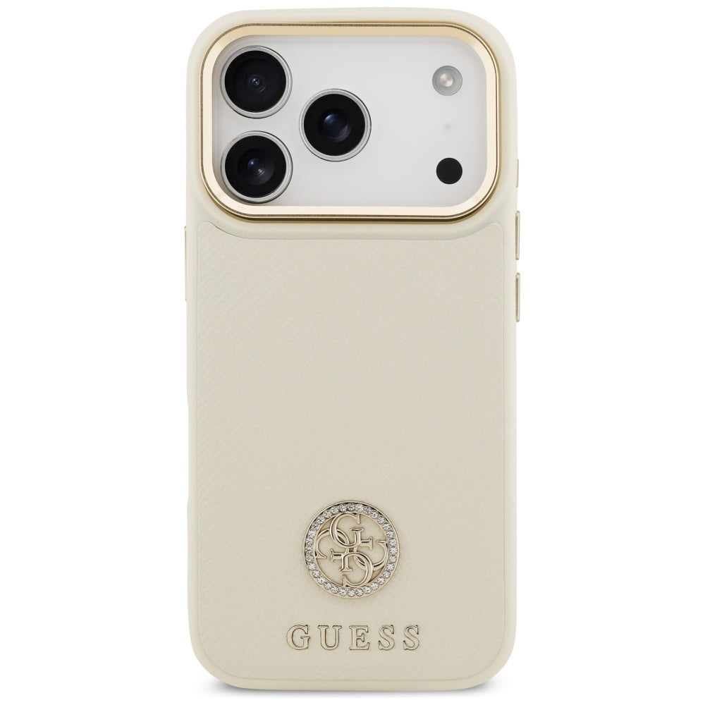 Étui MagSafe pour Apple iPhone 17 Pro, Guess, Logo Strass Grainé, Beige