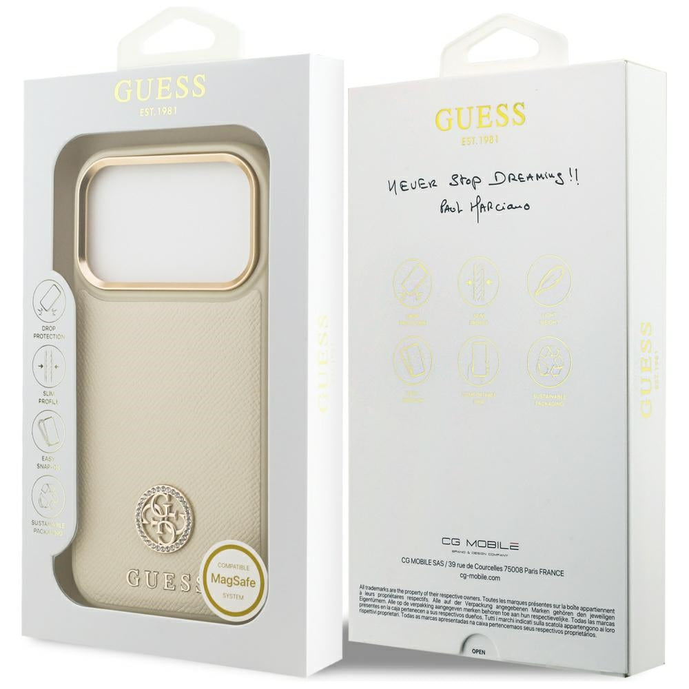 Étui MagSafe pour Apple iPhone 17 Pro, Guess, Logo Strass Grainé, Beige