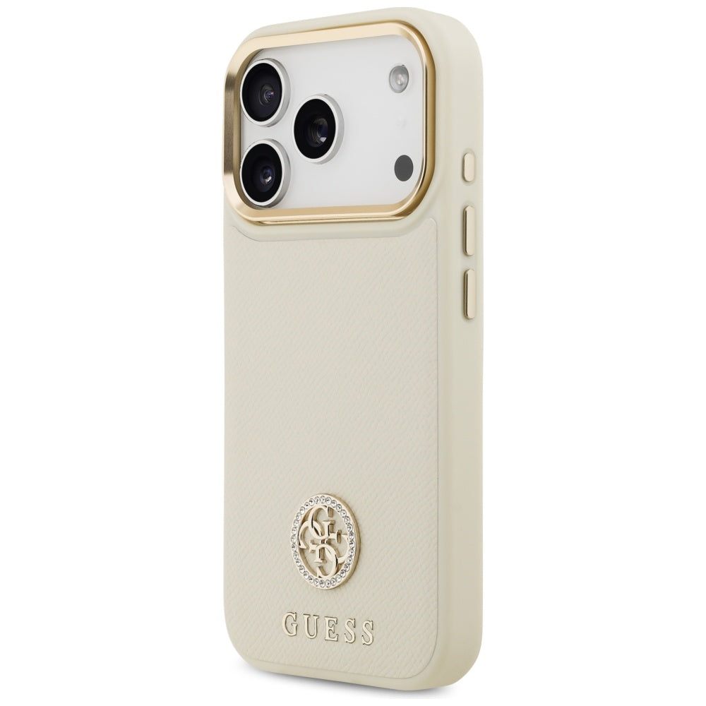 Étui MagSafe pour Apple iPhone 17 Pro, Guess, Logo Strass Grainé, Beige