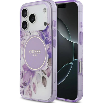 Étui MagSafe pour Apple iPhone 17 Pro, Guess, IML Flower & Tonal Circle, Mauve