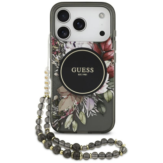 Coque MagSafe pour Apple iPhone 17 Pro, Guess, IML Flowers with Pearl Strap, Noire