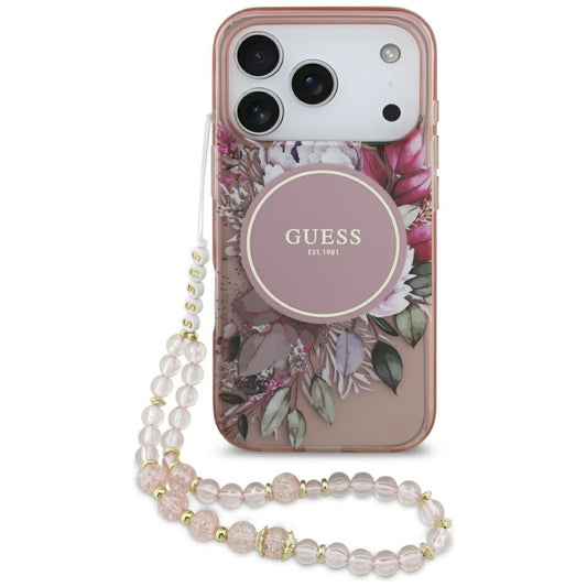 MagSafe hoesje voor Apple iPhone 17 Pro, Guess, IML Flowers met Parelband, Roze