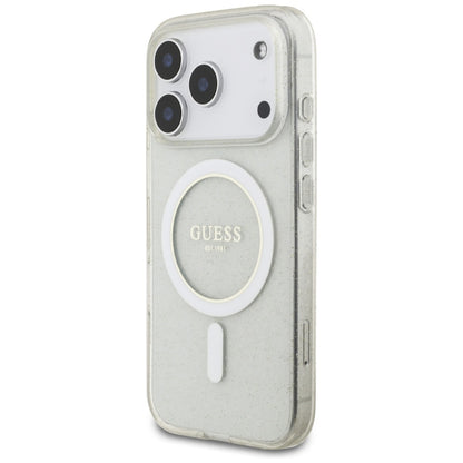 Coque MagSafe pour Apple iPhone 17 Pro, Guess, IML Glitter avec Lanière de Perles, Transparente