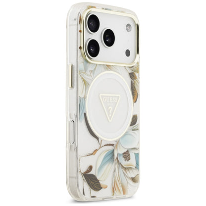 MagSafe hoesje voor Apple iPhone 17 Pro, Guess, IML Metal Glitter Flowers Triangle, Wit