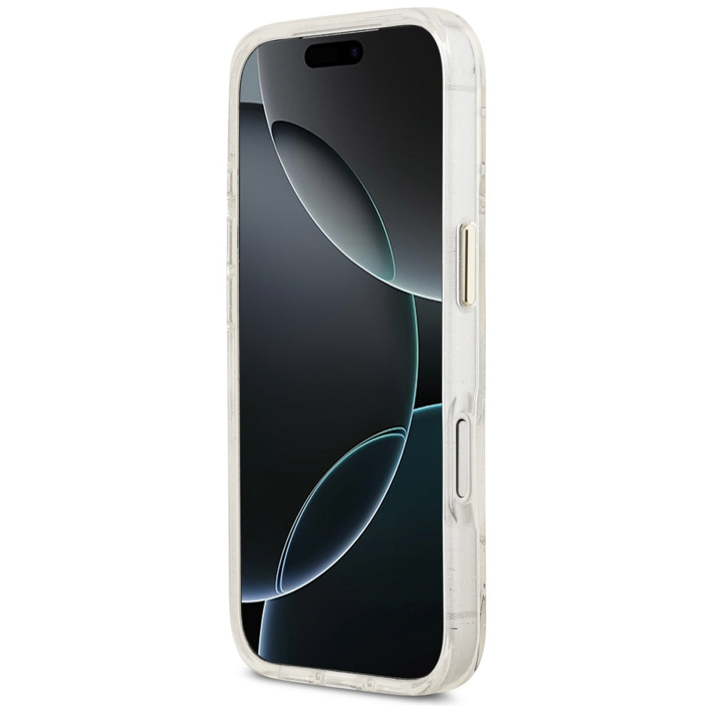 MagSafe hoesje voor Apple iPhone 17 Pro, Guess, IML Metal Glitter Flowers Triangle, Wit