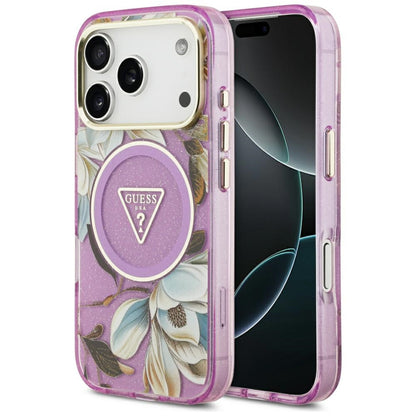 MagSafe hoesje voor Apple iPhone 17 Pro, Guess, IML Metal Glitter Flowers Triangle, Paars