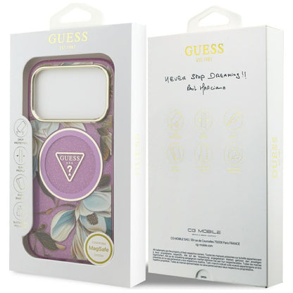 MagSafe hoesje voor Apple iPhone 17 Pro, Guess, IML Metal Glitter Flowers Triangle, Paars
