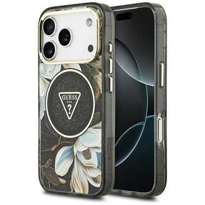 MagSafe hoes voor Apple iPhone 17 Pro, Guess, IML Metal Glitter Flowers Triangle, Zwart
