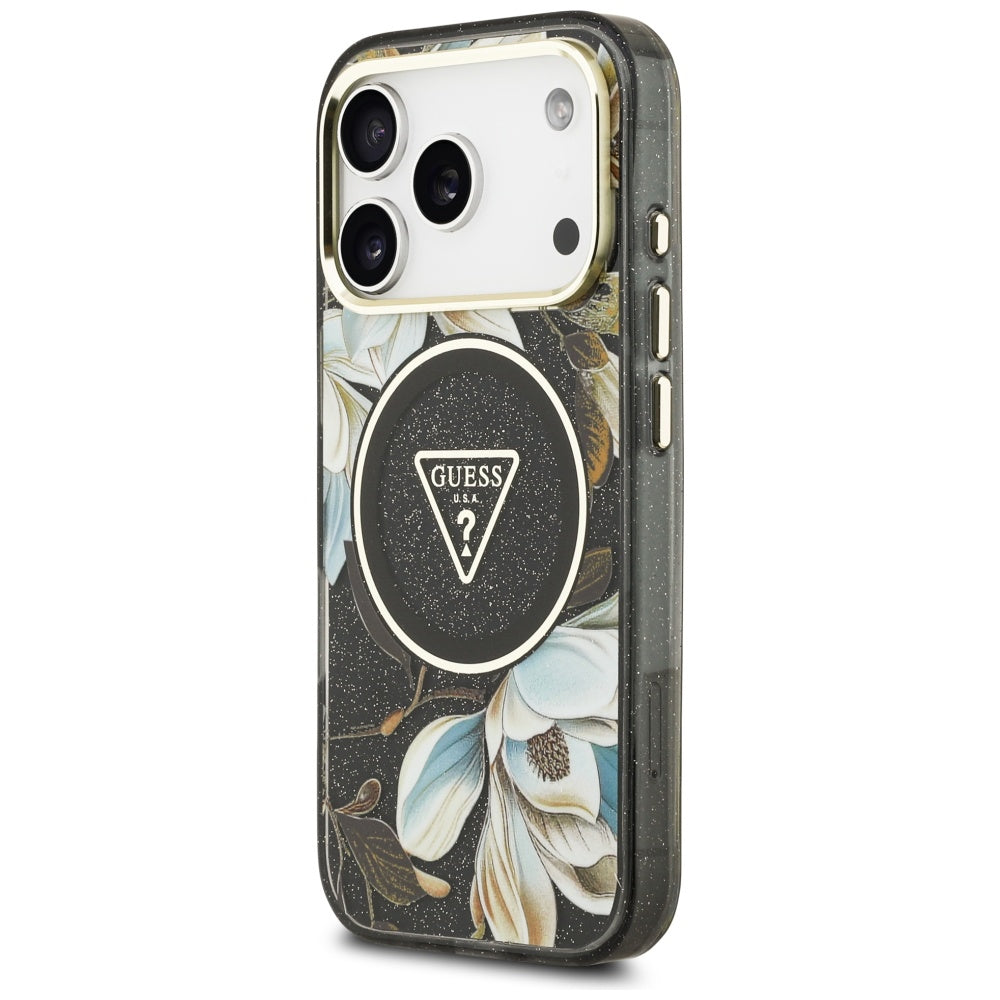MagSafe hoes voor Apple iPhone 17 Pro, Guess, IML Metal Glitter Flowers Triangle, Zwart