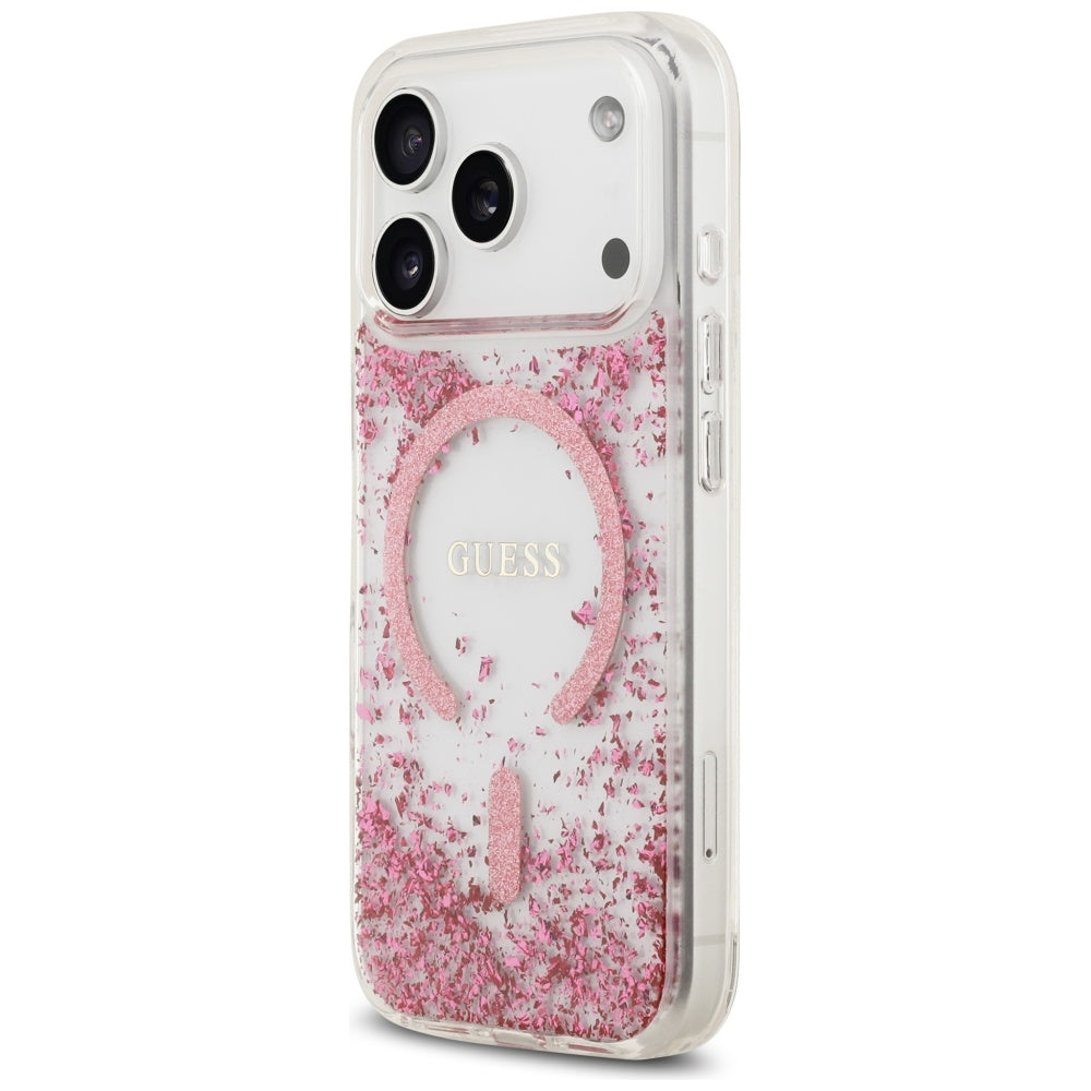 MagSafe hoesje voor Apple iPhone 17 Pro, Guess, Resin Bottom Glitter, Roze