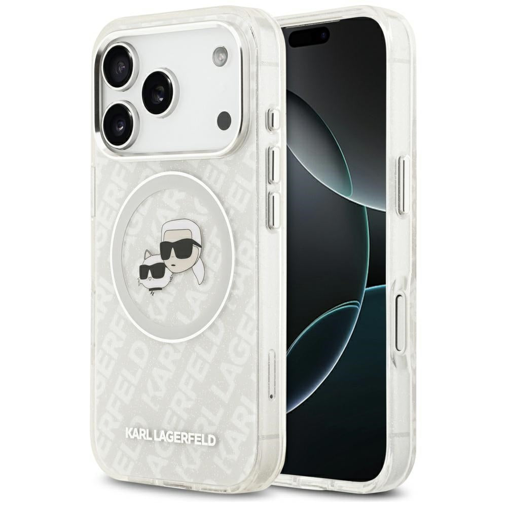 Coque MagSafe pour Apple iPhone 17 Pro, Karl Lagerfeld, Glitter Karl & Choupette Head, Blanche