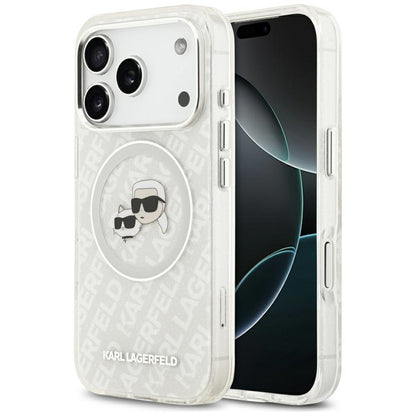 Coque MagSafe pour Apple iPhone 17 Pro, Karl Lagerfeld, Glitter Karl & Choupette Head, Blanche