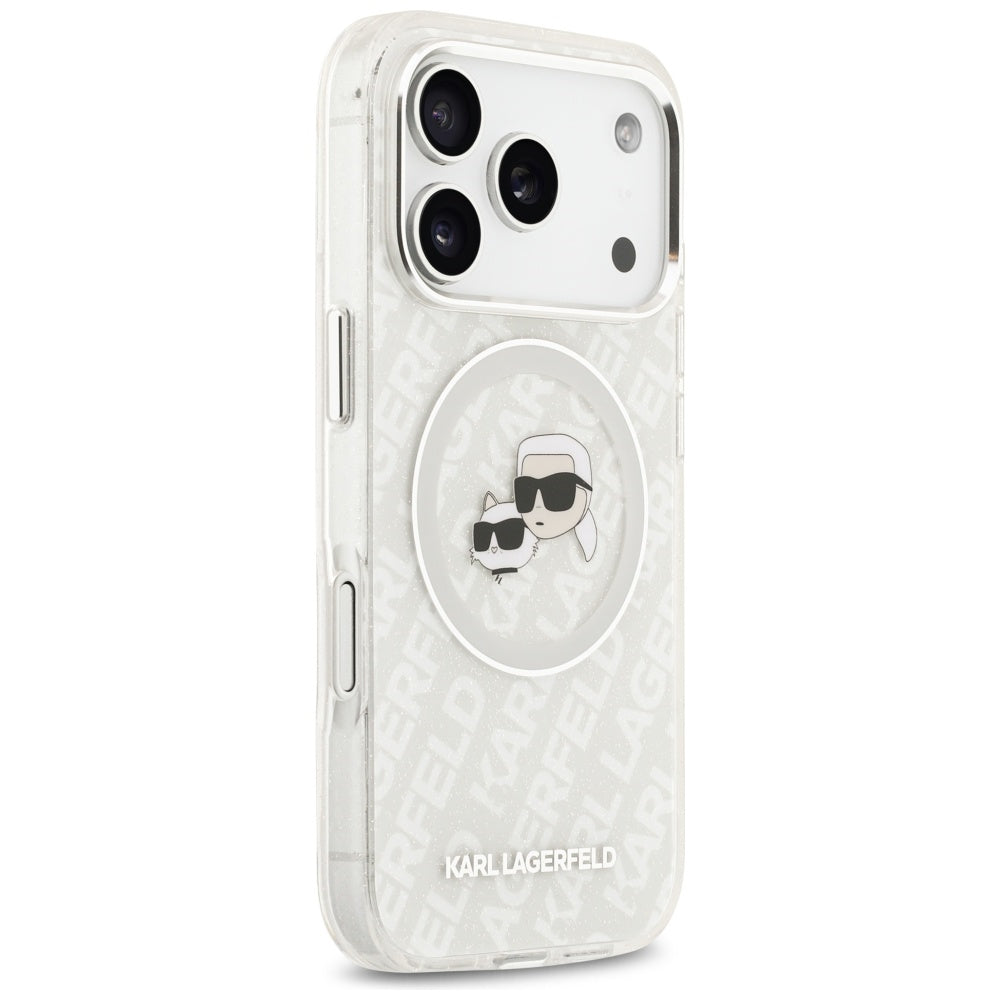 Coque MagSafe pour Apple iPhone 17 Pro, Karl Lagerfeld, Glitter Karl & Choupette Head, Blanche