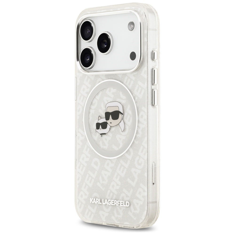 Coque MagSafe pour Apple iPhone 17 Pro, Karl Lagerfeld, Glitter Karl & Choupette Head, Blanche