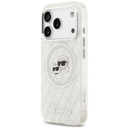 Coque MagSafe pour Apple iPhone 17 Pro, Karl Lagerfeld, Glitter Karl & Choupette Head, Blanche