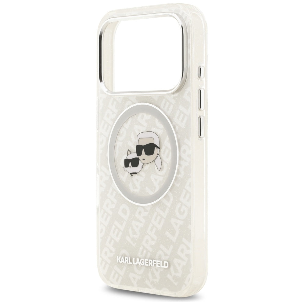 Coque MagSafe pour Apple iPhone 17 Pro, Karl Lagerfeld, Glitter Karl & Choupette Head, Blanche