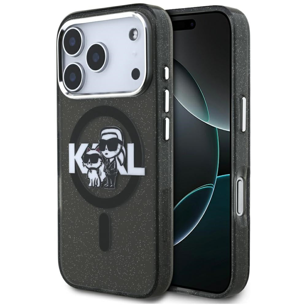 MagSafe hoesje voor Apple iPhone 17 Pro, Karl Lagerfeld, IML Sketch Logo Glitter Karl & Choupette, Zwart