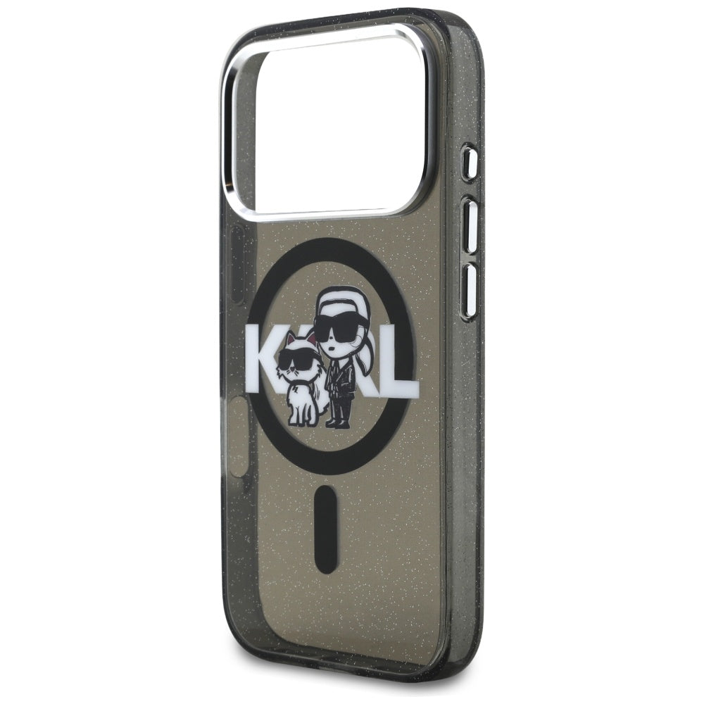MagSafe hoesje voor Apple iPhone 17 Pro, Karl Lagerfeld, IML Sketch Logo Glitter Karl & Choupette, Zwart