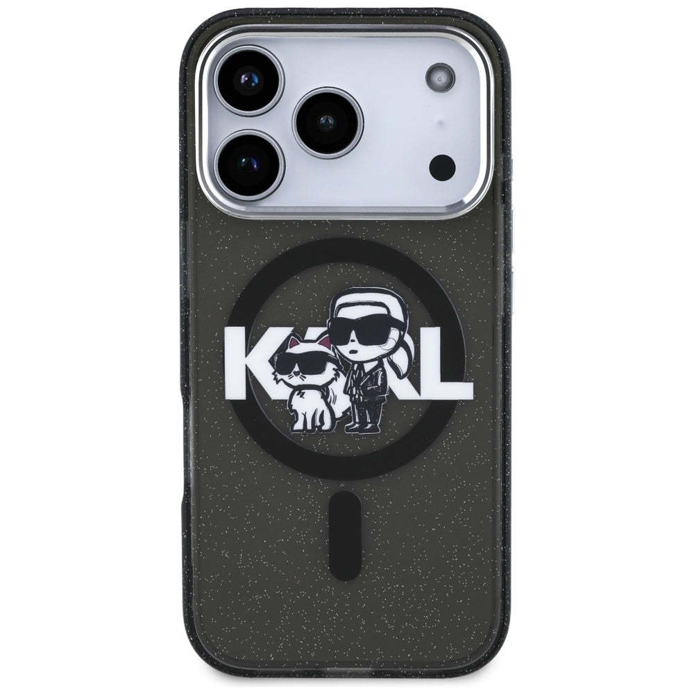 MagSafe hoesje voor Apple iPhone 17 Pro, Karl Lagerfeld, IML Sketch Logo Glitter Karl & Choupette, Zwart