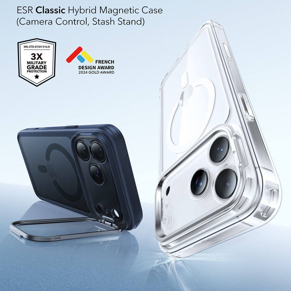 Coque MagSafe pour Apple iPhone 17 Pro Max, ESR, Classic Hybrid Kickstand, Bleu Satiné