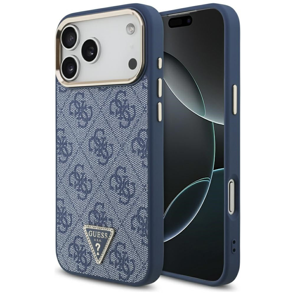 Coque MagSafe pour Apple iPhone 17 Pro Max, Guess, Logo Triangle 4G, Bleu Doré