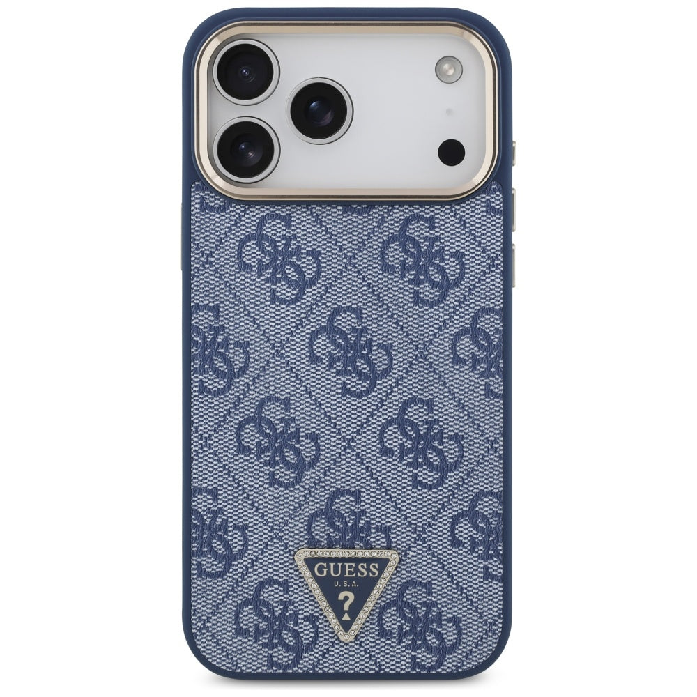 Coque MagSafe pour Apple iPhone 17 Pro Max, Guess, Logo Triangle 4G, Bleu Doré