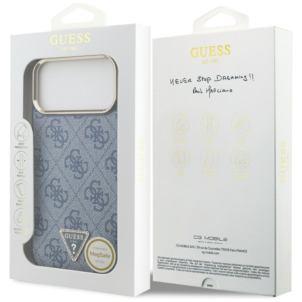 Coque MagSafe pour Apple iPhone 17 Pro Max, Guess, Logo Triangle 4G, Bleu Doré