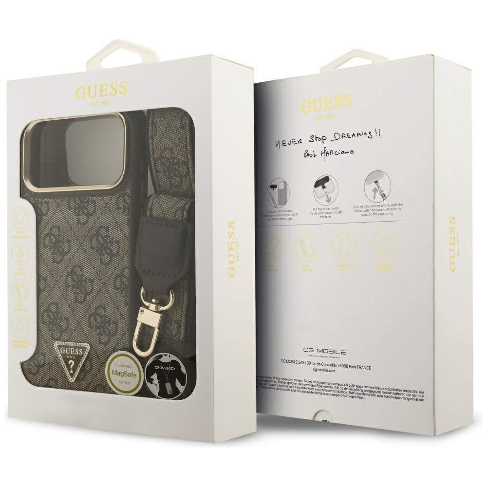 MagSafe Hülle für Apple iPhone 17 Pro Max, Guess, 4G Triangle Logo mit großem Riemen, Braun