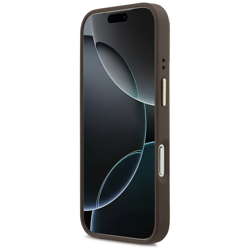 Étui MagSafe pour Apple iPhone 17 Pro Max, Guess, logo triangle 4G avec support pour appareil photo, Marron Doré.