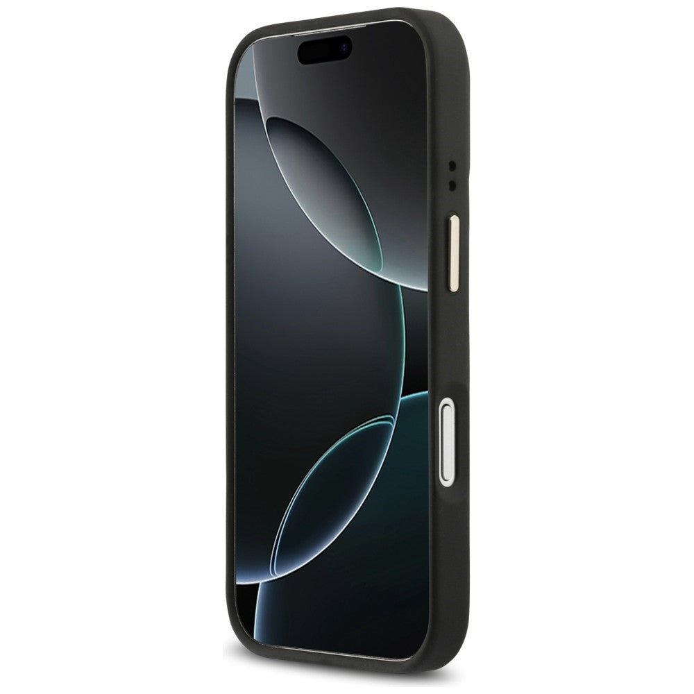 MagSafe Hülle für Apple iPhone 17 Pro Max, Guess, 4G Triangle Logo mit Kameraständer, Schwarz Gold