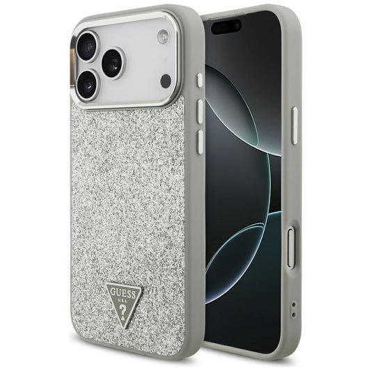 MagSafe Hülle für Apple iPhone 17 Pro Max, Guess, Glitter Triangle Logo, Silber