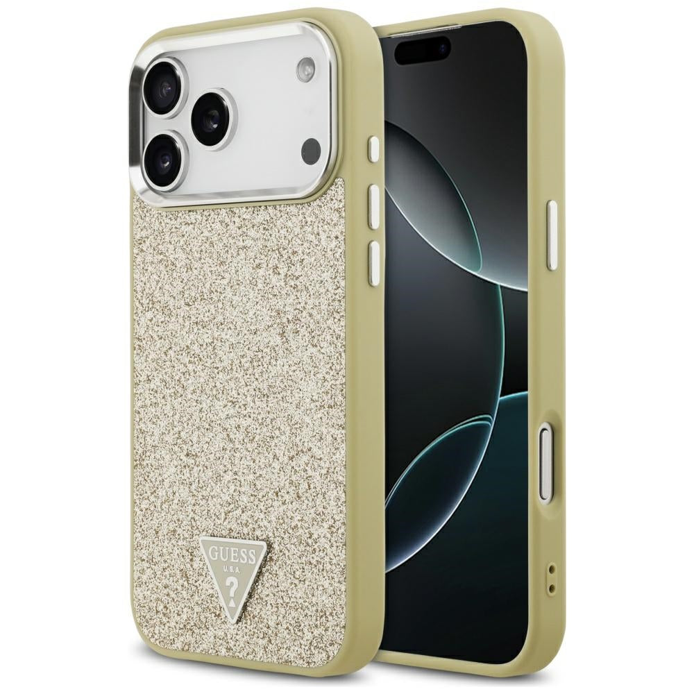 Coque MagSafe pour Apple iPhone 17 Pro Max, Guess, Logo Triangle Pailleté, Dorée