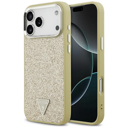 Coque MagSafe pour Apple iPhone 17 Pro Max, Guess, Logo Triangle Pailleté, Dorée