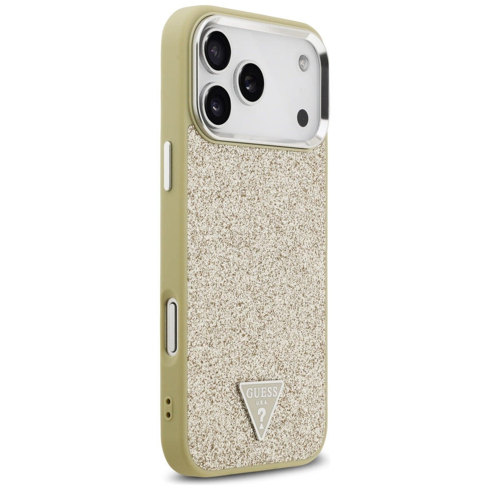 Coque MagSafe pour Apple iPhone 17 Pro Max, Guess, Logo Triangle Pailleté, Dorée