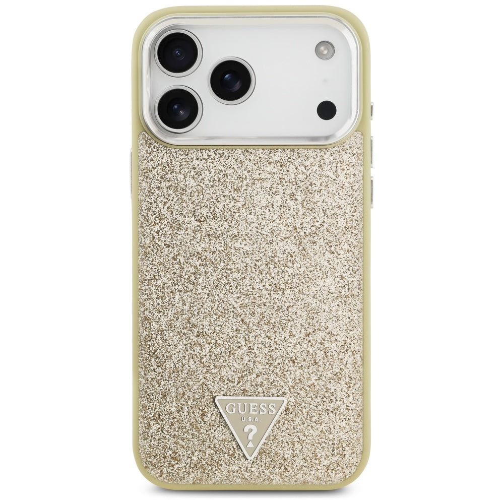 Coque MagSafe pour Apple iPhone 17 Pro Max, Guess, Logo Triangle Pailleté, Dorée