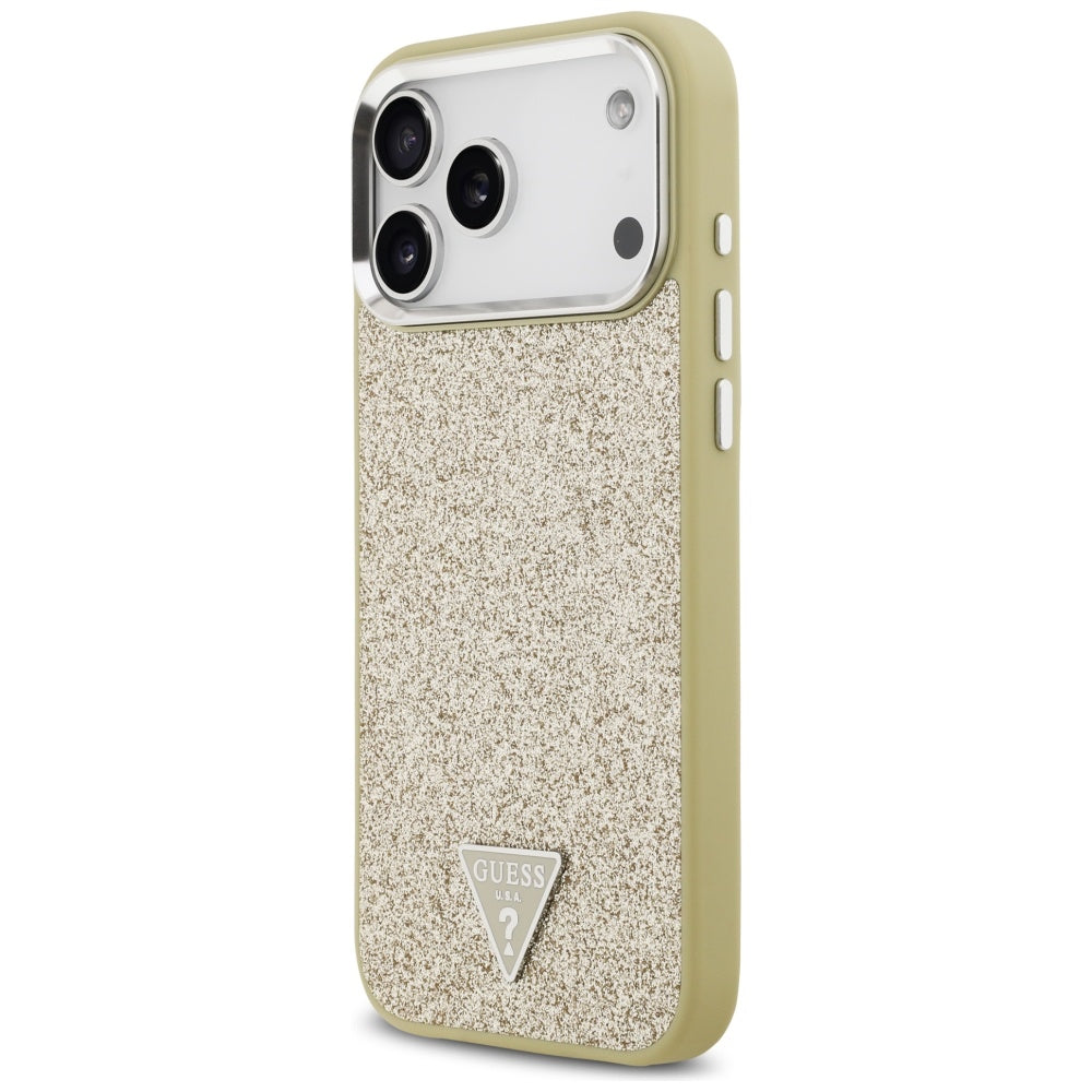 Coque MagSafe pour Apple iPhone 17 Pro Max, Guess, Logo Triangle Pailleté, Dorée