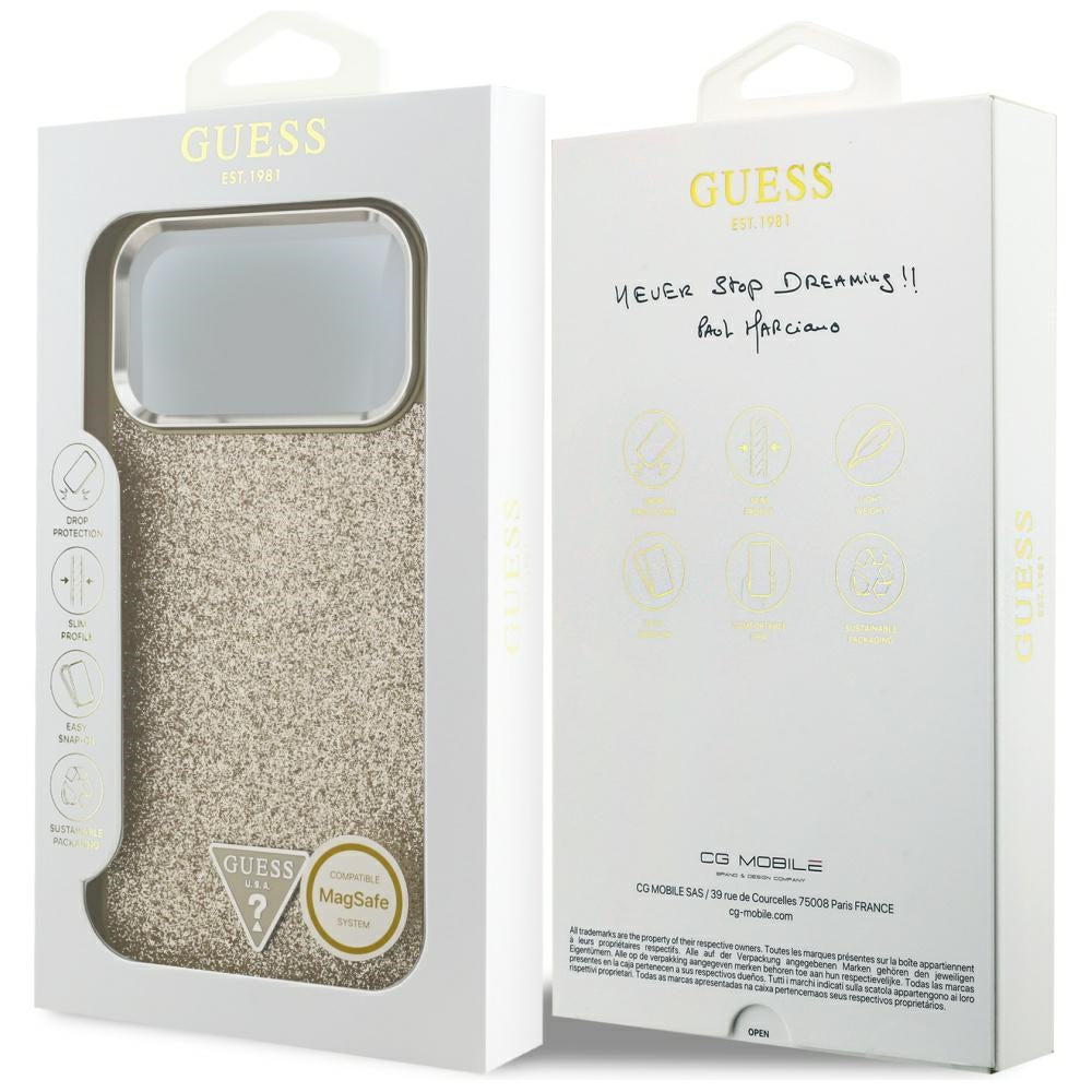 Coque MagSafe pour Apple iPhone 17 Pro Max, Guess, Logo Triangle Pailleté, Dorée