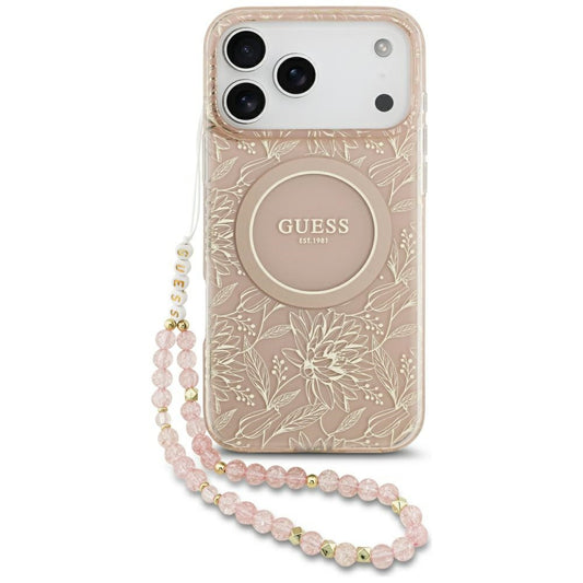 Coque MagSafe pour Apple iPhone 17 Pro Max, Guess, IML Flowers Allover Electroplated with Pearl Strap, Rose