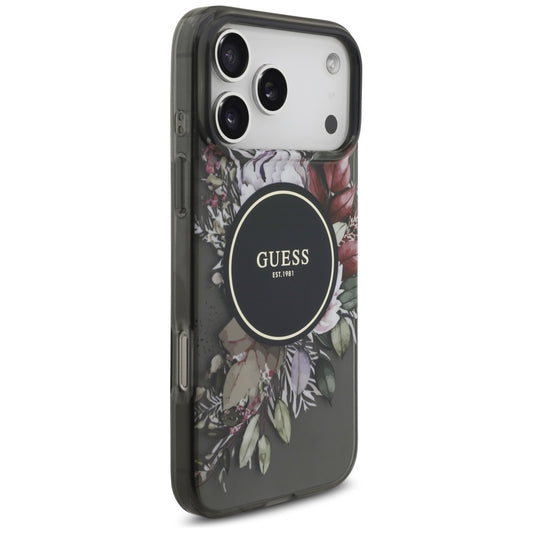 MagSafe hoesje voor Apple iPhone 17 Pro Max, Guess, IML Flowers with Pearl Strap, Zwart