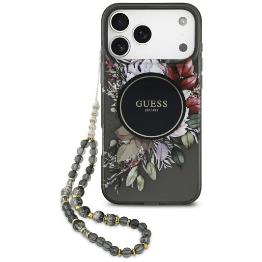 MagSafe hoesje voor Apple iPhone 17 Pro Max, Guess, IML Flowers with Pearl Strap, Zwart