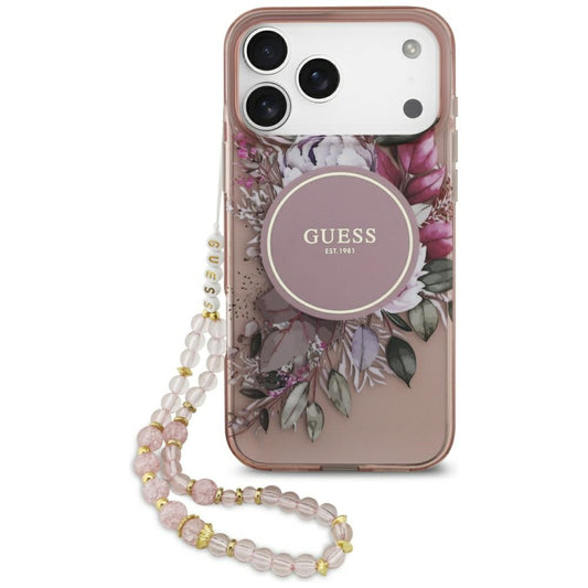 MagSafe hoesje voor Apple iPhone 17 Pro Max, Guess, IML Flowers with Pearl Strap, Roze